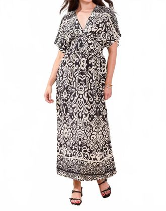 Tribal Printed Soft Challis V-Neck Empire Waist Maxi Dress In Black