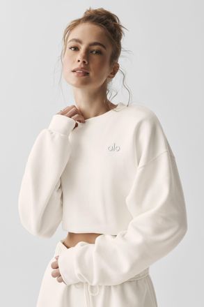 Alo | Cropped Accolade Crewneck Top in Ivory, Size: Medium