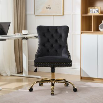 STILVORA Silla De Oficina En Casa, Silla De Oficina Moderna Tapizada En Terciopelo Con Botones Capiton&eacute; Y Base De Metal Dorado, Silla De Escritorio Ajustable G