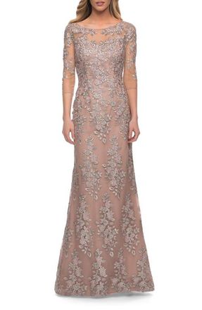 La Femme Gorgeous Lace Long Gown with Three-Quarter Sleeves in Champagne at Nordstrom, Size 20