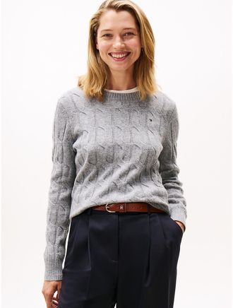 Tommy Hilfiger Womens Wool Cable Knit Sweater - Grey - L