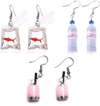 Generic 3 Pairs Funny Acrylic Water Bottle Pendant Earrings, Cute Pearl Milk Tea Dangle Earrings Colorful Glass Bottle Funny Earrings for Women Clever Fashion