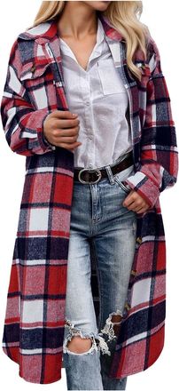 Generic Plaid Cardigans for Women UK Long Flannel Open Front Cardigans with Pockets Lapel Button Down Trench Coats Long Sleeve Plaid Cardigan Coat Red