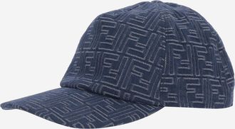Fendi Mens Cotton Baseball Hat With Ff Pattern Blue Denim