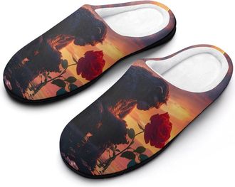 Generic Bigfoot And Red Rose Sunset Mens House Slippers Memory Foam Washable Cotton Slip on Home Shoes