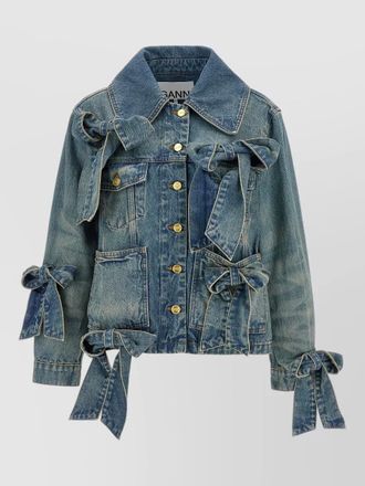 Ganni rigid denim jacket bow detail pockets