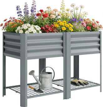 OUTSUNNY Huerto Urbano Elevado Con Estante Inferior, Mesa De Cultivo De Metal Galvanizado Con Forro Y Guantes, 120x55x80 Cm, Gris Plateado