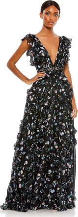 Mac Duggal Ruffled Floral Print Cap Sleeve Gown