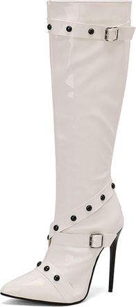 Generic Womens Patent Leather Knee High Boots with Rivet Pointed Toe Long Boots with Side Zipper Stiletto High Heel Party Prom Shoes,White,8.5 UK