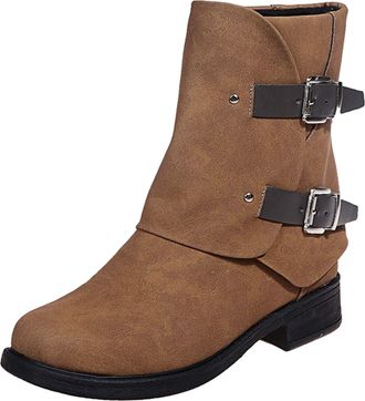 Generic Vintage Ankle Boots For Women: Waterproof Genuine Leather Boots Solid Color Side Zipper Boots Wide Calf Wellies Wellington Boots Round Toe Buckle Boot