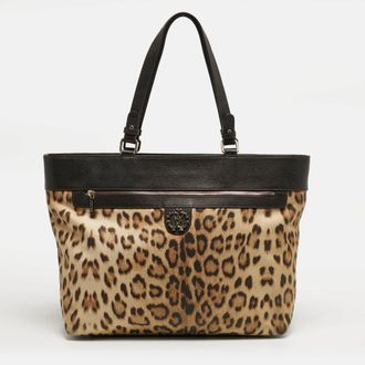 Roberto Cavalli Top Zip Brown Leopard Print Fabric And Leather Tote