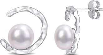 Amour 7.5-8mm Freshwater Cultured Pearl and Created White Sapphire Open Wave Stud Earrings In Sterling Silver