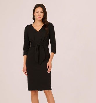 Adrianna Papell Three Quarter Sleeve Pleated Midi Dress With Tie Waist In Black