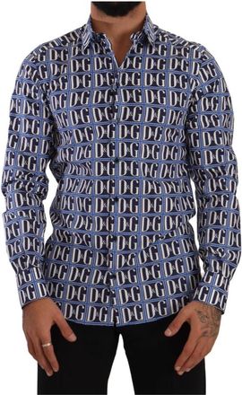 Dolce & Gabbana Logo Mania Slim Fit Katoenen Overhemd - Heren - Casual Overhemden - Blauw - S - Katoen - Overhemden