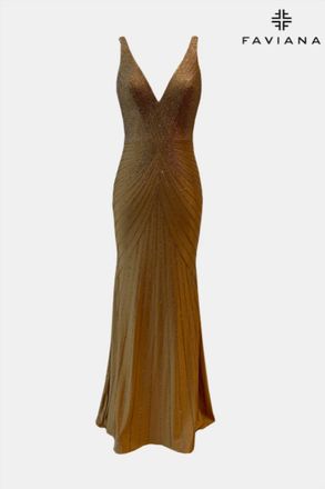 Faviana Womens V-Neck Hot Stone With Sunburst Pattern Gown In Gold