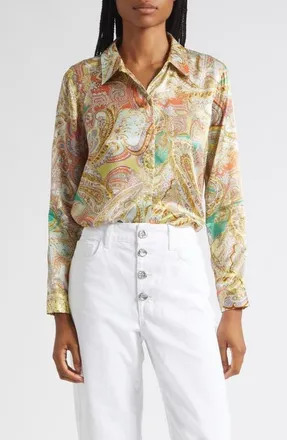 L'agence Tyler Paisley Silk Button-Up Top in Green Multi Cluster Paisley at Nordstrom, Size Xx-Small