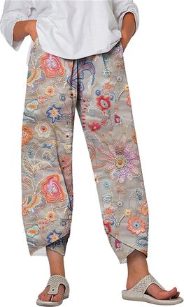 Generic Womens Linen Trousers UK Sale Clearance Summer Retro Print Elastic Waist with Pockets Irregular Hem Pants Ladies Stylish Casual Loose Wide Leg Straigh
