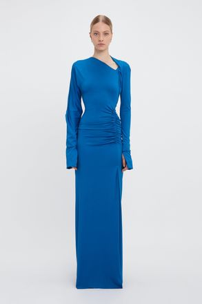 Victoria Beckham Long Sleeve Slash-Neck Jersey Floor-Length Gown In Ocean Blue 10
