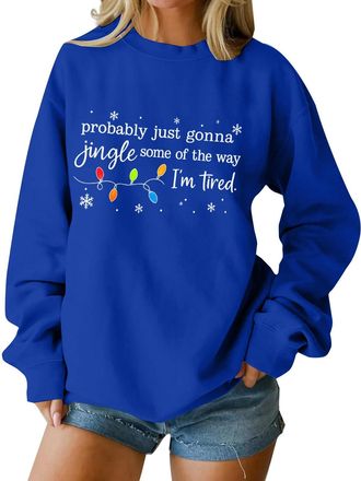 Generic Christmas Sweatshirt For Women Probably Just Gonna Jingle Some Of The Way Graphic Long Sleeve Crewneck Shirt Winged Sweater (Blue, XL)