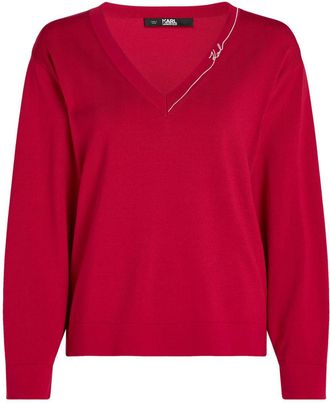 Karl Lagerfeld Signature V-neck jumper - women - Viscose - S - Red