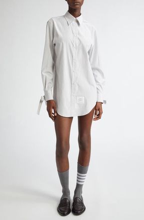 Thom Browne Stripe Bow Cuff Silk Blend Button-Up Shirt in Medium Grey at Nordstrom, Size 10 Us