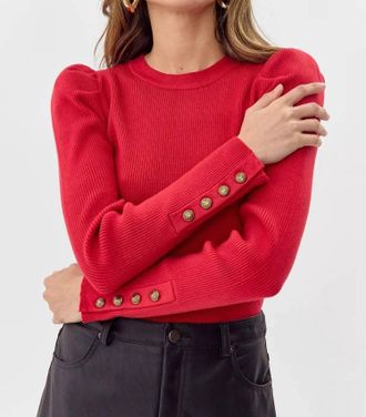 Greylin Dani Button Puff Sleeve Ribbed Knit Top In Red
