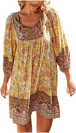 Generic Beach Dresses for Women UK 3/4 Sleeve Boho Sundress Boobtube Sheering Ruched Mini Dress Summer Top Floral Mini Dress Pleated Swing Dress