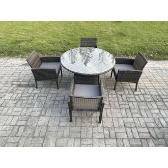 Fimous Fimous - Wicker pe Outdoor Rattan Garden Furniture Arm Chair And Table Dining Sets 4 Seater Medium Round Table Dark Grey Mixed