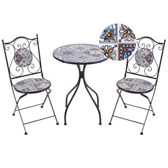 Beliani Conjunto De Balc&oacute;n Jard&iacute;n Exterior Metal Estilo Vintage Patr&oacute;n Mosaico Estructura De Hierro Negro Civita