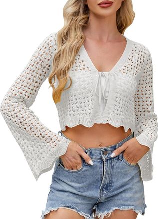 Generic Cropped Cardigan Hollow Out Womens Tie Front Cropped Cardigan Long Sleeve Crochet Bolero Shrug Sweater Bell Sleeve Knit Crop Top White