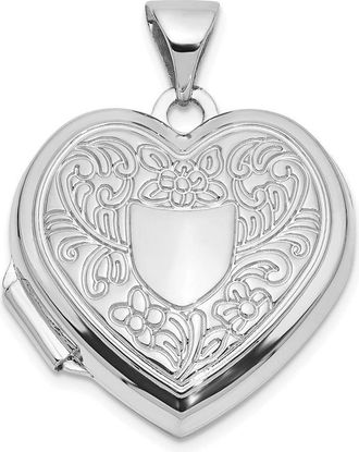 Diamond2Deal 14k White Gold Fancy Floral Border and Crest 18mm Heart Locket