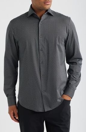 Bugatchi Devon OoohCotton Geometric Button-Up Shirt in Black at Nordstrom, Size Xxx-Large