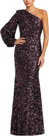 Mac Duggal Sequined One Shoulder Bishop Sleeve Trumpet Gown