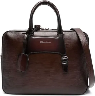 Santoni embossed-logo leather briefcase - men - Calf Leather - One Size - Brown