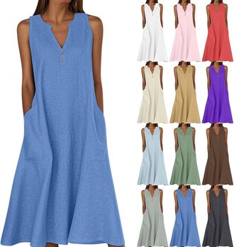 Generic Loose Dresses for Women UK Maxi Dresses midi Plus Long Size Cotton Sun Dress Linen White Boho Casual Petite Short Sleeve Black Pockets Beach Holiday S