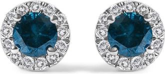 House of Brilliance 925 Sterling Silver 1.00 Cttw Blue Diamond Halo Stud Earring