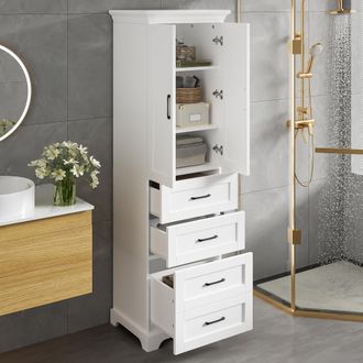 Urban Meuble Urban Meuble Colonna Bagno 60cm, Mobile Alto Con 2 Ante Soft-close E Cassetti, Bianco