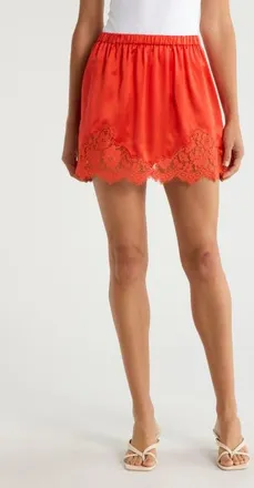 Re/Done Alexia Lace Trim Silk Blend Slip Miniskirt in Aperol at Nordstrom, Size Medium