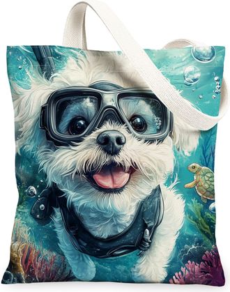 Generic Pop Art Samoyed Dog Canvas Tote Bag for Shopping 13x15, Ocean Sea Nautical Puppy Reusable Grocery Print Bag for Women, Fun Pet Beach Aesthetic Paintin