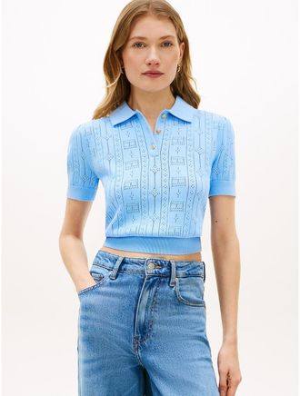 Tommy Hilfiger Womens Allover Flag Logo Pointelle Sweater Polo - Blue - XL