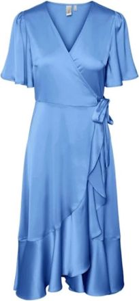 Y.A.S Y.a.s, Kleedjes, Dames, Blauw, XS, Polyester, Blauwe Midi Omslagjurk met Ruches