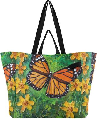 Generic Butterfly Flowers Yellow print Reusable Canvas Tote Bag, Heavy Duty Grocery Shopping Bag with Hard Bottom Large Capacity Double Handles Work Groceries