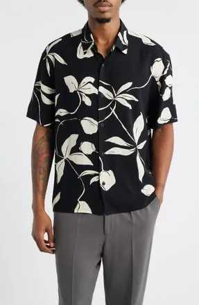 Open Edit Slub Rayon Short Sleeve Button-Up Resort Shirt in Black- Ivory Leafy Modern at Nordstrom, Size X-Small