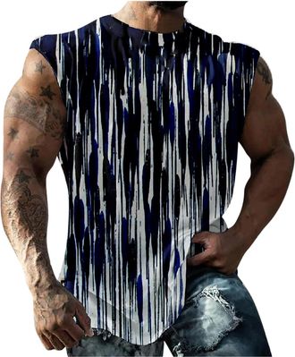 Generic Mens Vests Tank Top Summer Sleeveless Vests Round Neck Pullover Loose Fit Tee Shirts Fashion Printed T-shirt Casual Walking Holiday Singlets Regular F
