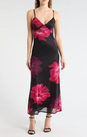 Madden Girl Floral Mesh Maxi Slipdress in Black/Fuschia at Nordstrom Rack, Size Medium