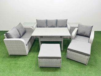 Fimous Patio PE Wicker 8 Seater Outdoor Rattan Furniture Sofa Sets w/ Rectangular Dining Table Reclining Chair Loveseat Sofa 3 Seater Sofa 2 Big