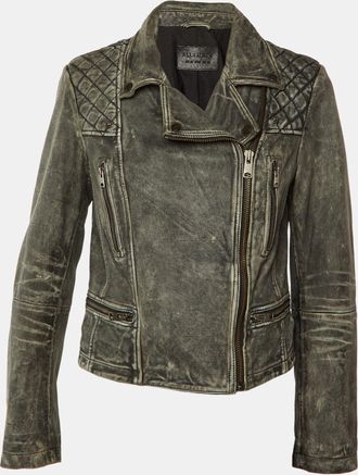 AllSaints Vintage Grey Leather Cargo Biker Jacket