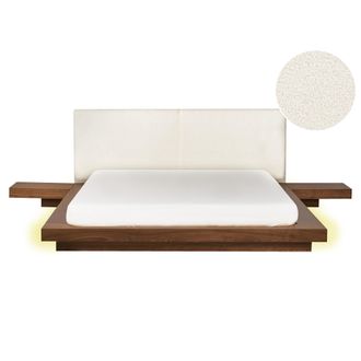 Beliani Cama Moderna 160 X 200 Cm Con Plataforma Con Led Mesitas De Noche Cabecero De Boucl&eacute; Mdf Madera De Fresno Marr&oacute;n Zen