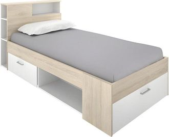 Vente-Unique Letto con testata, vani portaoggetti e cassetto 90 x 190 cm Bianco e Naturale - LEANDRE