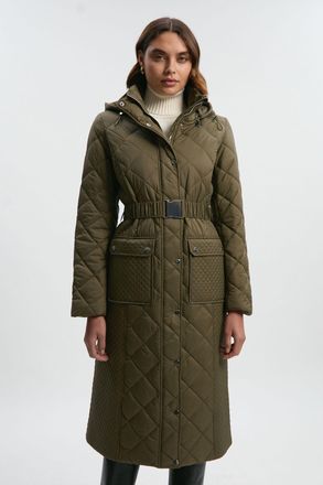 Karen Millen Womens Petite Quilted Hooded Longline Coat - Khaki Nylon - Size 10 UK